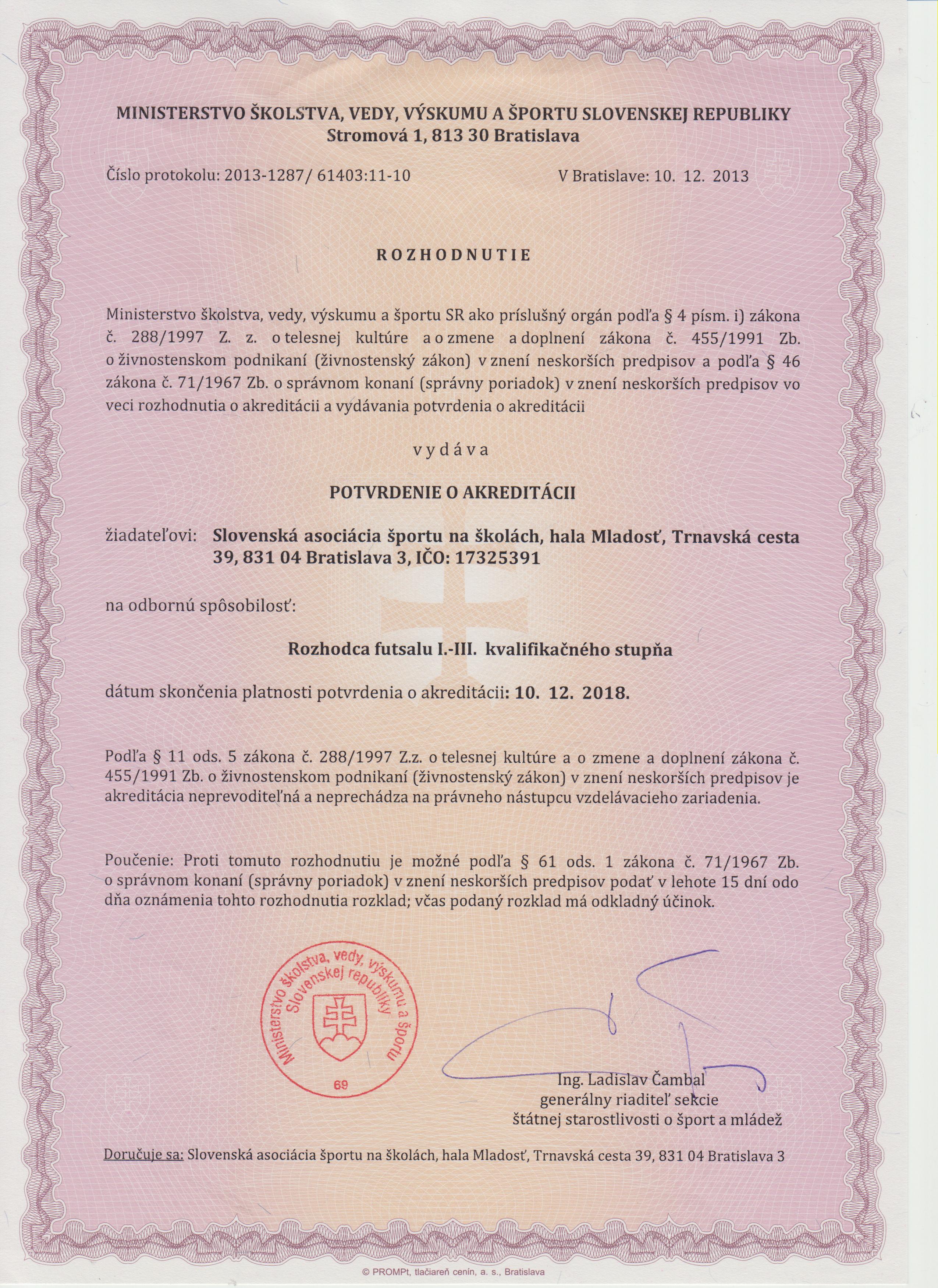 Potvrdenie o akreditácii - FUTSAL 001